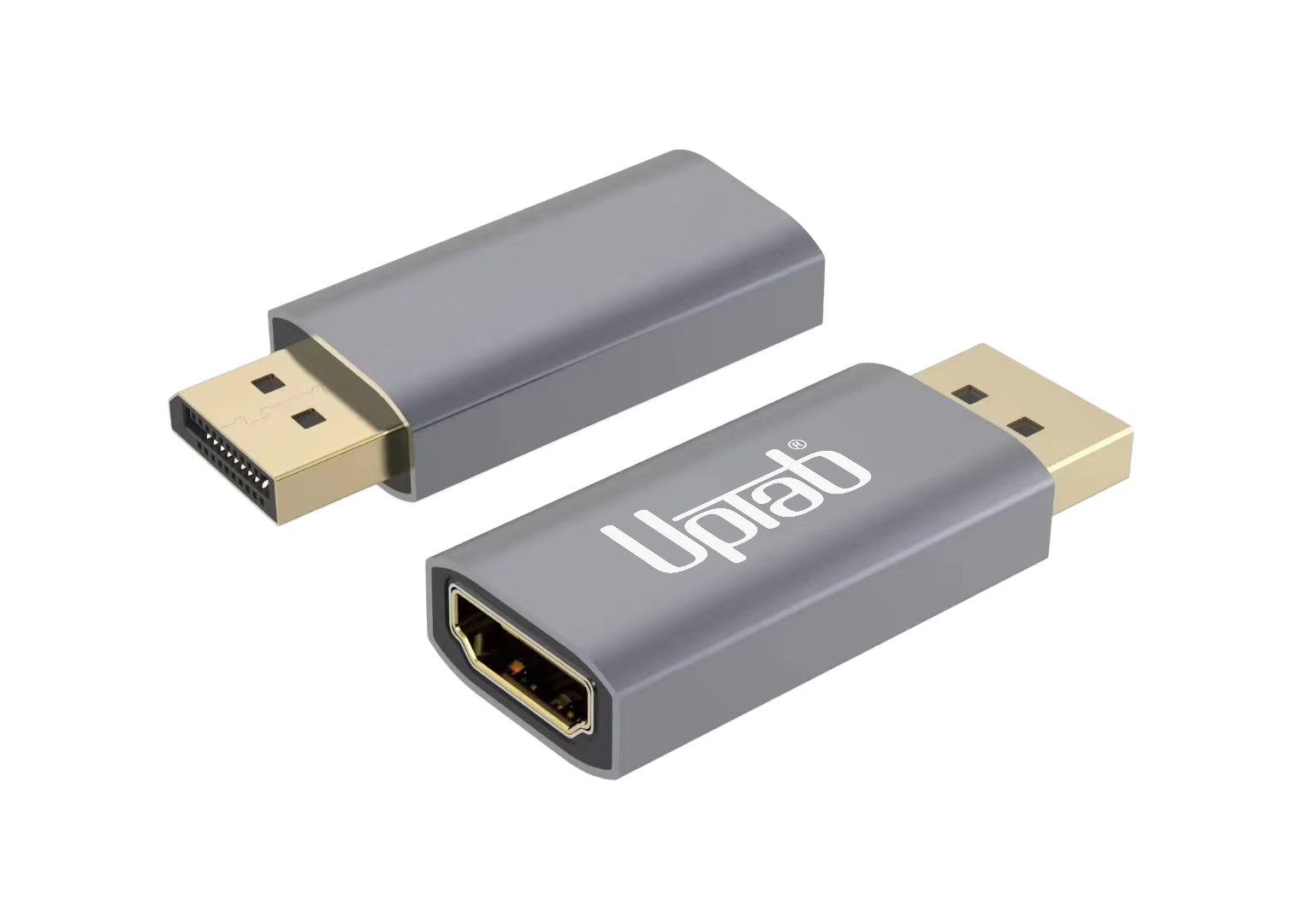 Two gray DisplayPort to HDMI 2.1 adapter cables with gold-plated connectors, shown on a clean white background. One adapter displays the white 'UplaB' brand logo.