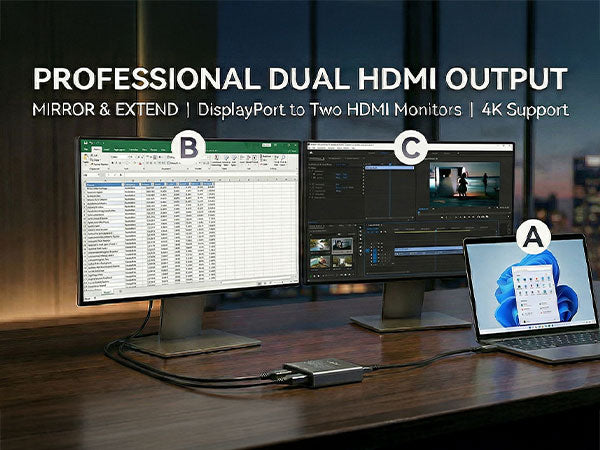 Computer setup with dual monitors and a laptop on a desk, featuring professional dual HDMI output capabilities.