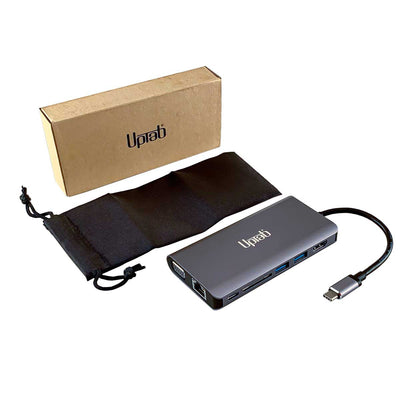 Uptab USB hub with packaging and cable on a white background