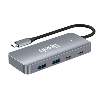 UPTab USB-C Docking Station connected to laptop with dual 8K monitors, Ethernet, and USB devices – 100W power delivery and 10Gbps speed
